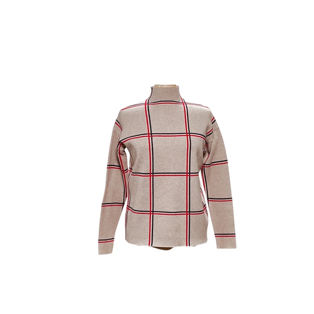 Women’s Tahari Beige and Red Checkered Turtleneck Sweater Size Medium